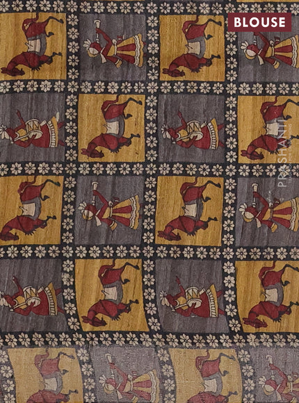 Pure dupion silk saree grey and multi colour with plain body and kalamkari printed pallu