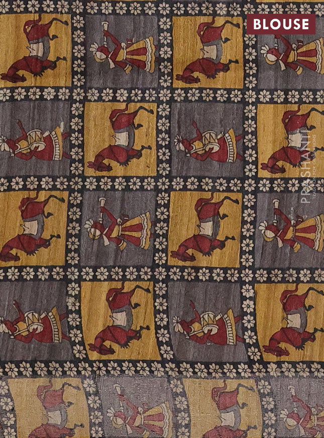 Pure dupion silk saree grey and multi colour with plain body and kalamkari printed pallu