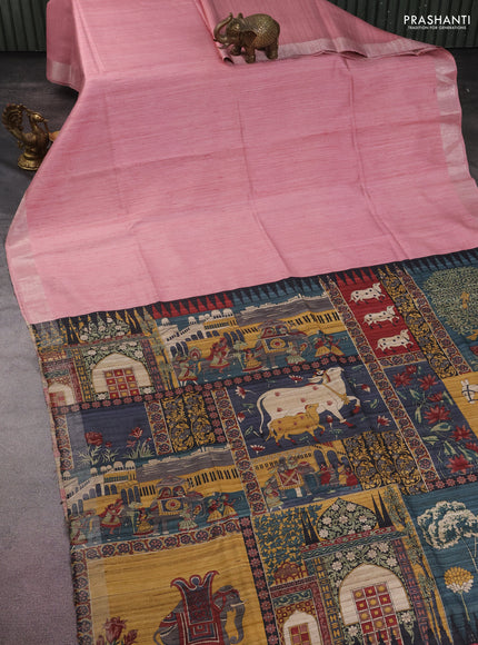 Pure dupion silk saree mild peach pink and multi colour with plain body and kalamkari printed pallu