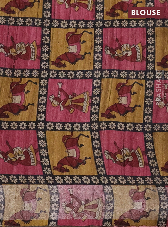 Pure dupion silk saree mild peach pink and multi colour with plain body and kalamkari printed pallu