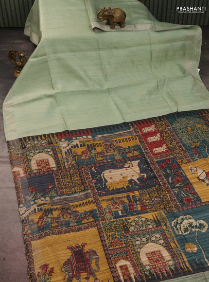 Pure dupion silk saree pastel green and multi colour with plain body and kalamkari printed pallu