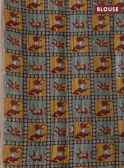 Pure dupion silk saree pastel green and multi colour with plain body and kalamkari printed pallu