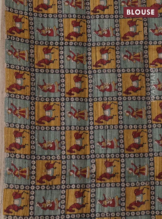 Pure dupion silk saree pastel green and multi colour with plain body and kalamkari printed pallu