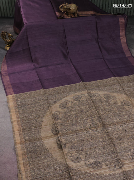 Pure dupion silk saree wine shade and beige with plain body and madhubani printed pallu
