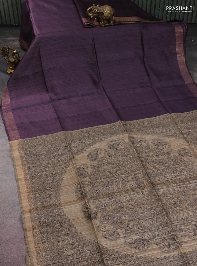 Pure dupion silk saree wine shade and beige with plain body and madhubani printed pallu