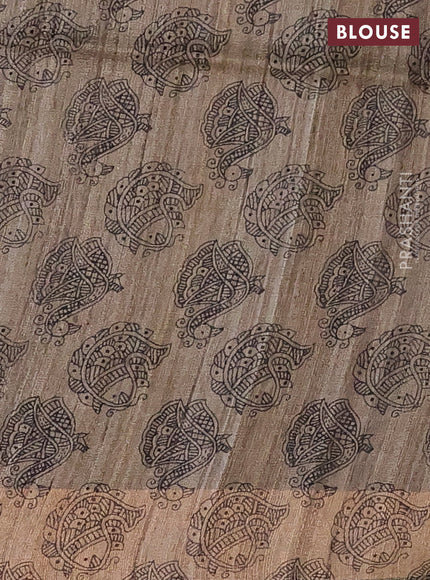 Pure dupion silk saree wine shade and beige with plain body and madhubani printed pallu