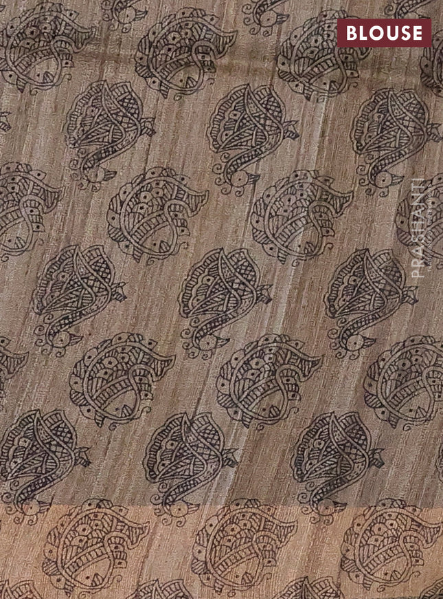 Pure dupion silk saree wine shade and beige with plain body and madhubani printed pallu