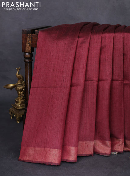 Pure dupion silk saree maroon and beige with plain body and madhubani printed pallu