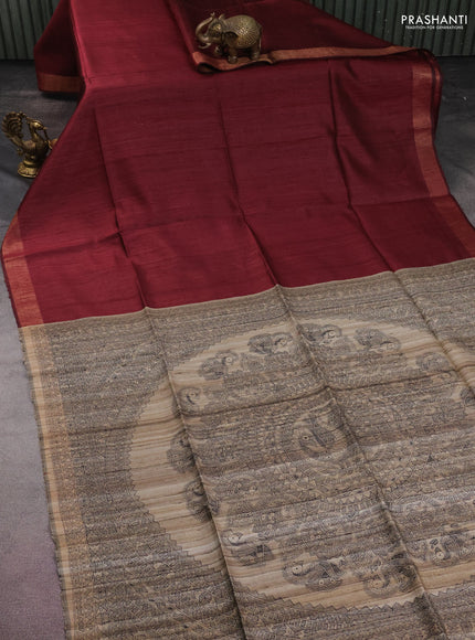 Pure dupion silk saree maroon and beige with plain body and madhubani printed pallu