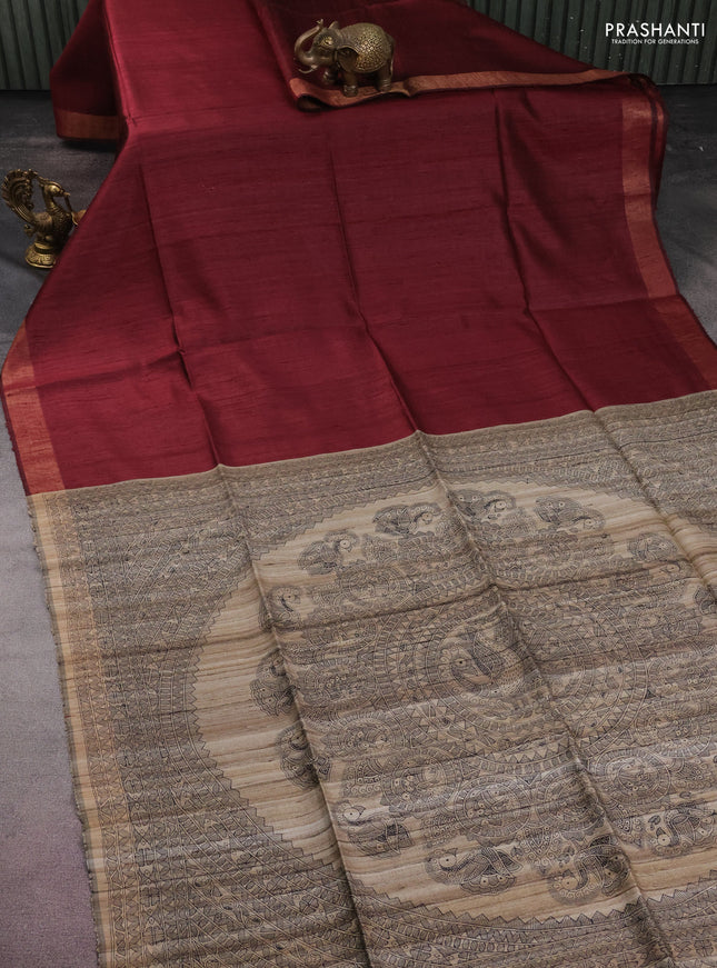 Pure dupion silk saree maroon and beige with plain body and madhubani printed pallu
