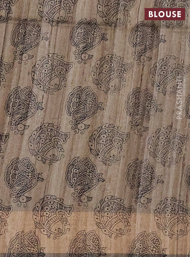 Pure dupion silk saree maroon and beige with plain body and madhubani printed pallu