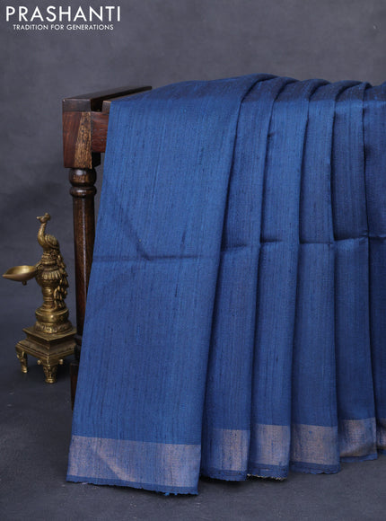 Pure dupion silk saree peacock blue and beige with plain body and madhubani printed pallu