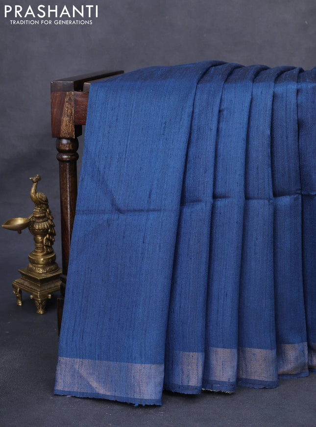 Pure dupion silk saree peacock blue and beige with plain body and madhubani printed pallu