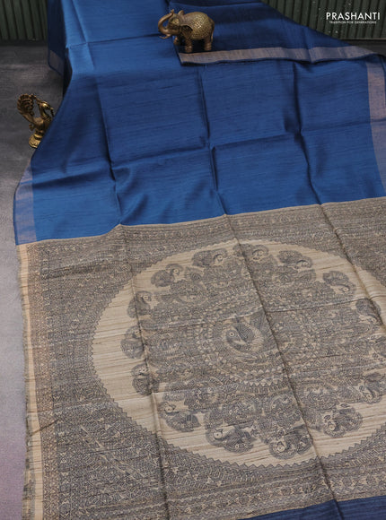 Pure dupion silk saree peacock blue and beige with plain body and madhubani printed pallu
