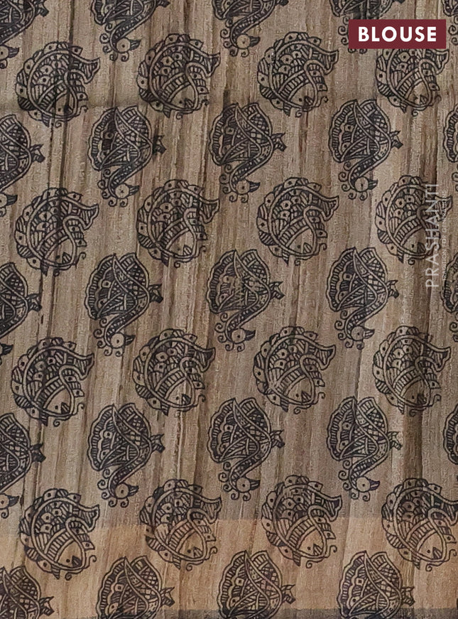 Pure dupion silk saree peacock blue and beige with plain body and madhubani printed pallu