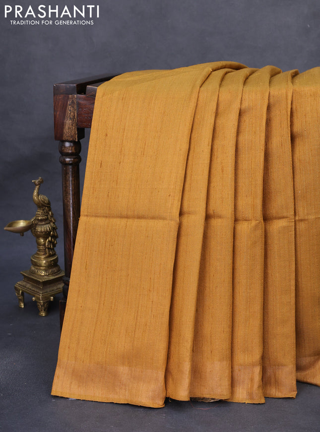 Pure dupion silk saree mustard yellow and beige with plain body and madhubani printed pallu