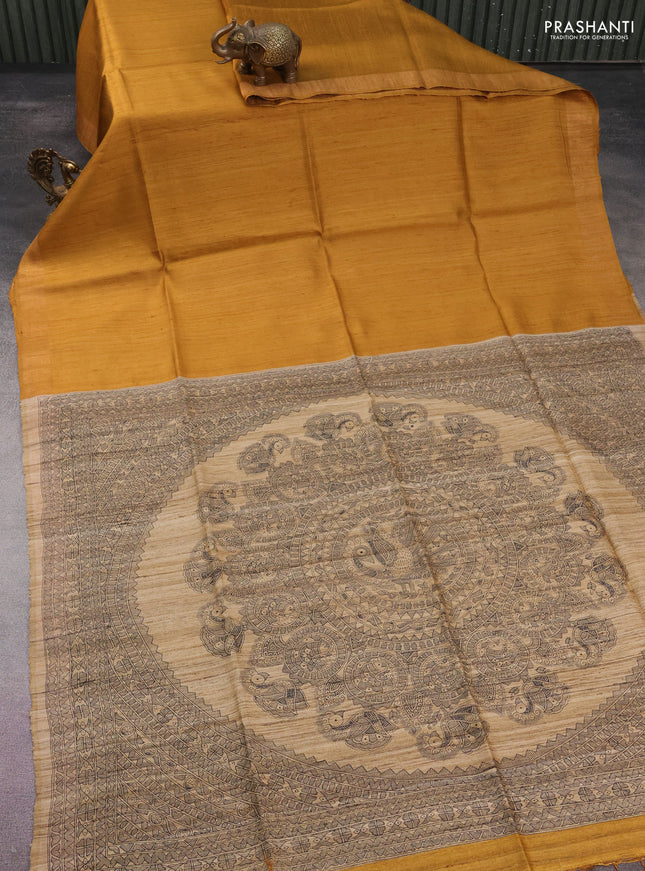 Pure dupion silk saree mustard yellow and beige with plain body and madhubani printed pallu