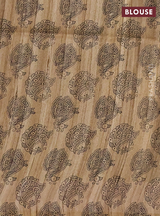 Pure dupion silk saree mustard yellow and beige with plain body and madhubani printed pallu