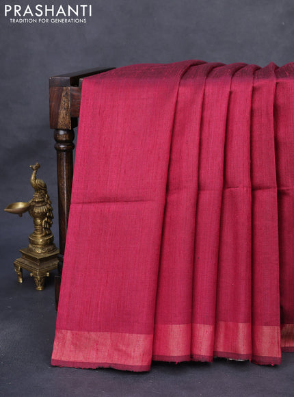 Pure dupion silk saree dark magenta pink and beige with plain body and madhubani printed pallu
