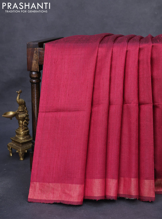Pure dupion silk saree dark magenta pink and beige with plain body and madhubani printed pallu