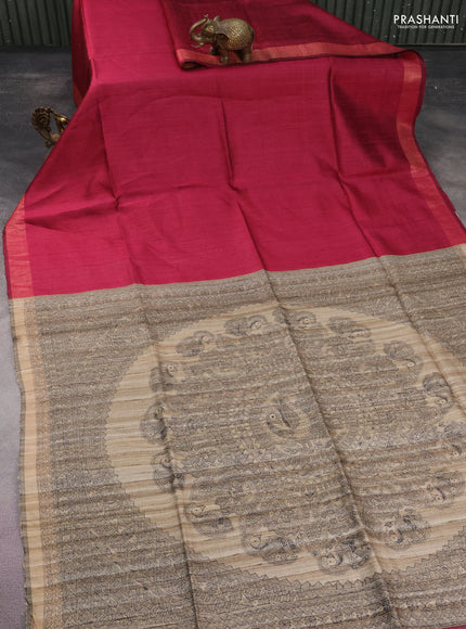 Pure dupion silk saree dark magenta pink and beige with plain body and madhubani printed pallu