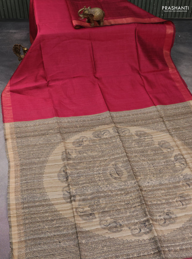 Pure dupion silk saree dark magenta pink and beige with plain body and madhubani printed pallu