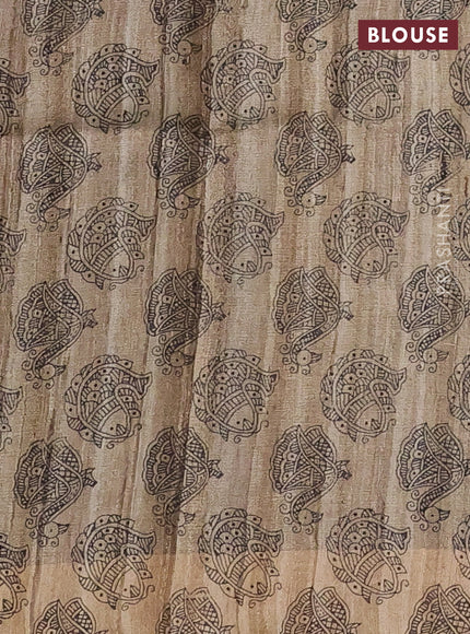 Pure dupion silk saree dark magenta pink and beige with plain body and madhubani printed pallu