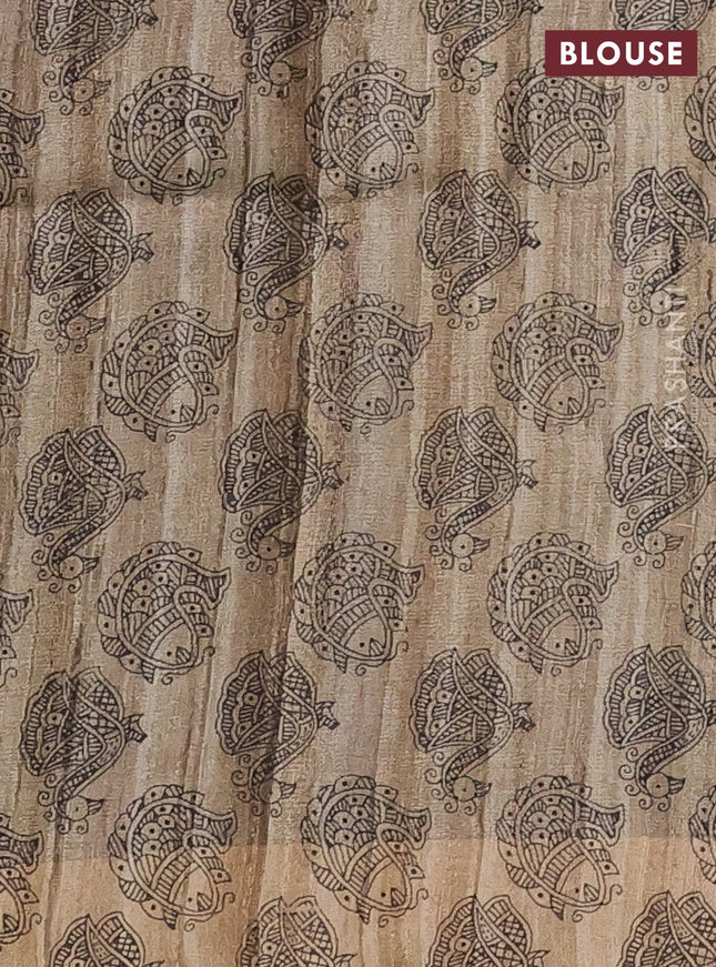 Pure dupion silk saree dark magenta pink and beige with plain body and madhubani printed pallu