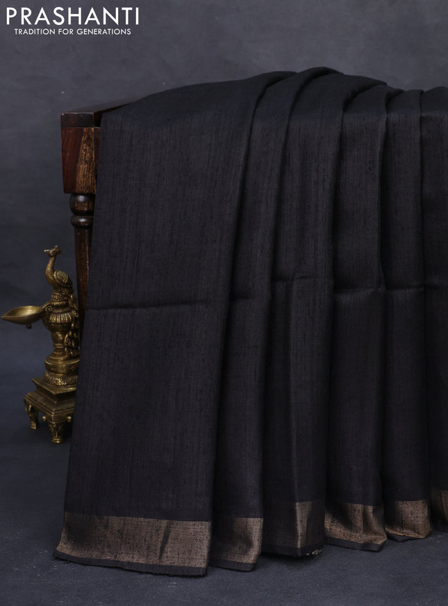 Pure dupion silk saree black and beige with plain body and madhubani printed pallu