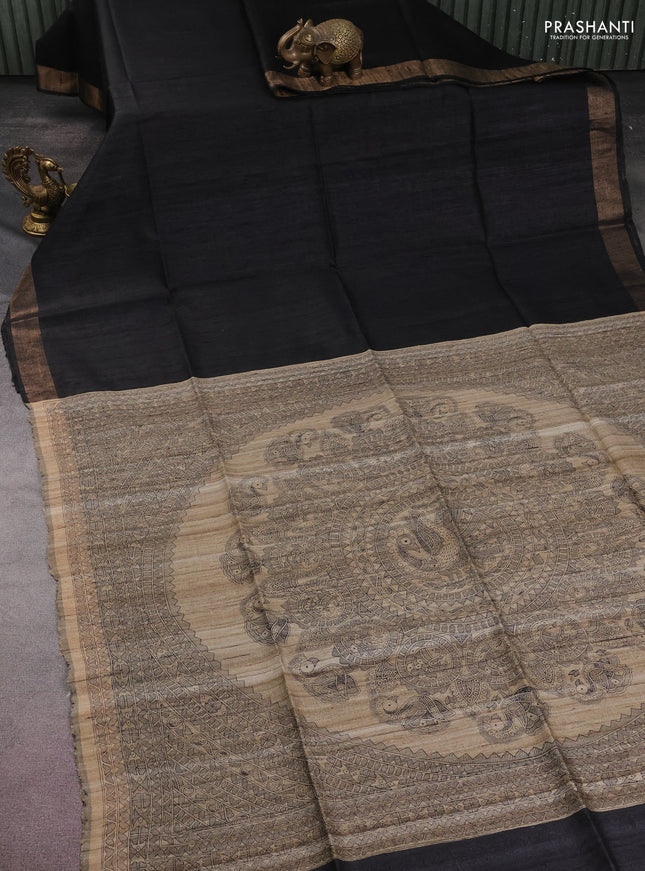 Pure dupion silk saree black and beige with plain body and madhubani printed pallu