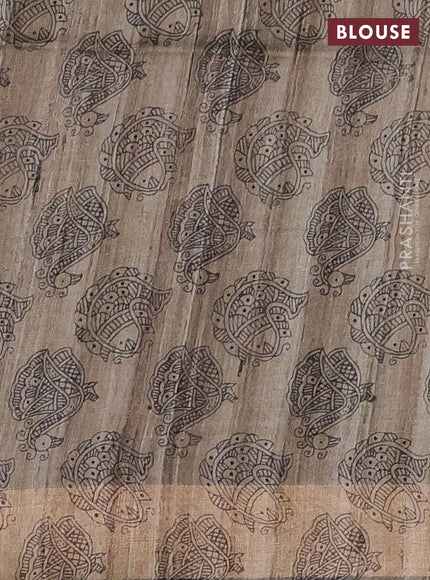 Pure dupion silk saree black and beige with plain body and madhubani printed pallu