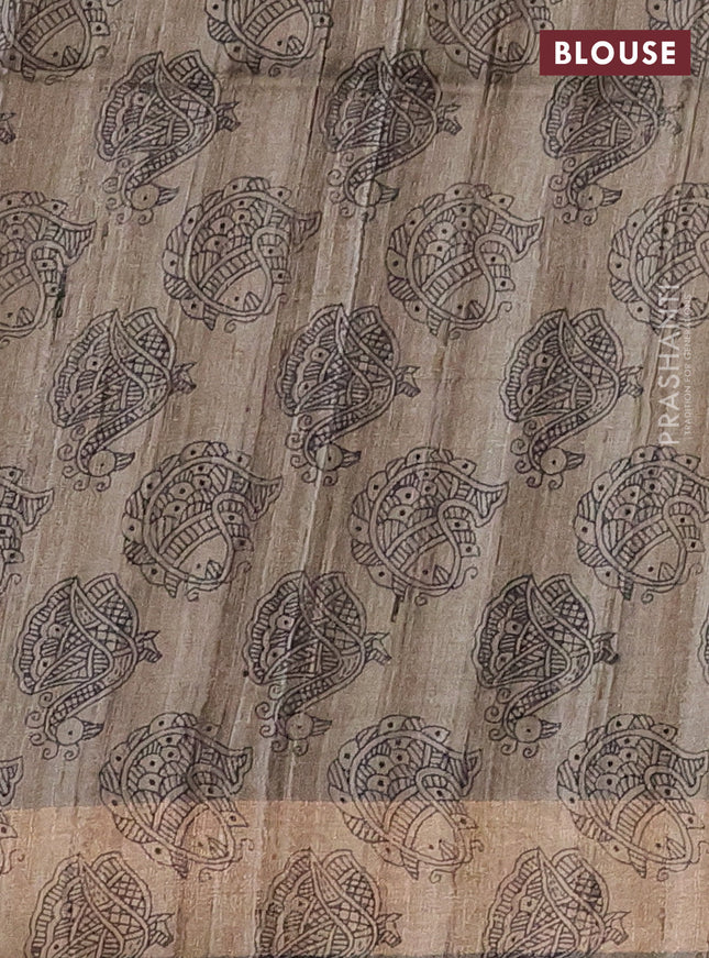 Pure dupion silk saree black and beige with plain body and madhubani printed pallu