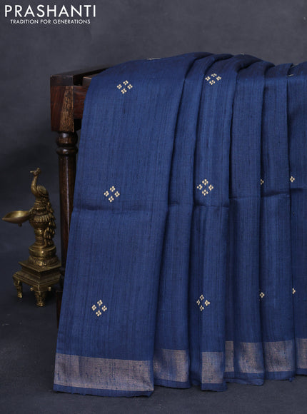 Pure dupion silk saree peacock blue and beige with plain body and kalamkari printed pallu