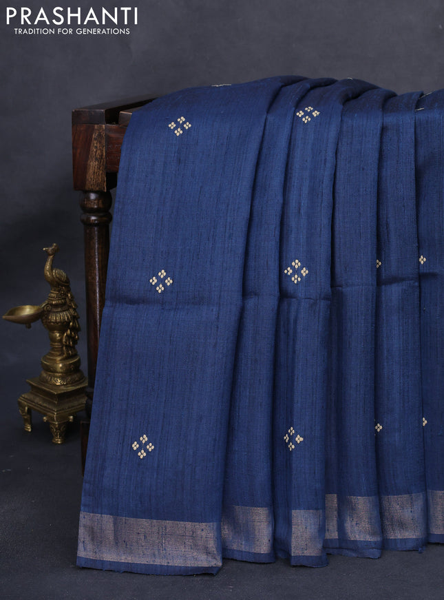 Pure dupion silk saree peacock blue and beige with plain body and kalamkari printed pallu
