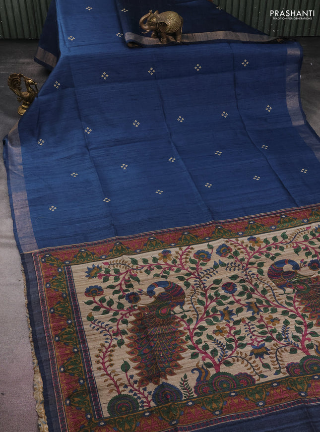 Pure dupion silk saree peacock blue and beige with plain body and kalamkari printed pallu
