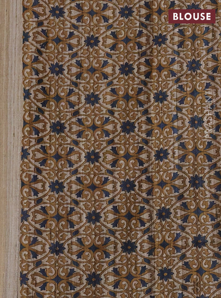 Pure dupion silk saree peacock blue and beige with plain body and kalamkari printed pallu