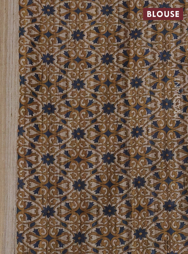 Pure dupion silk saree peacock blue and beige with plain body and kalamkari printed pallu