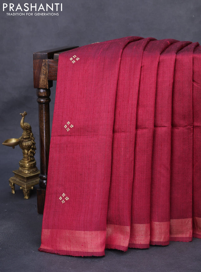 Pure dupion silk saree dark pink and beige with thread woven buttas and kalamkari printed pallu