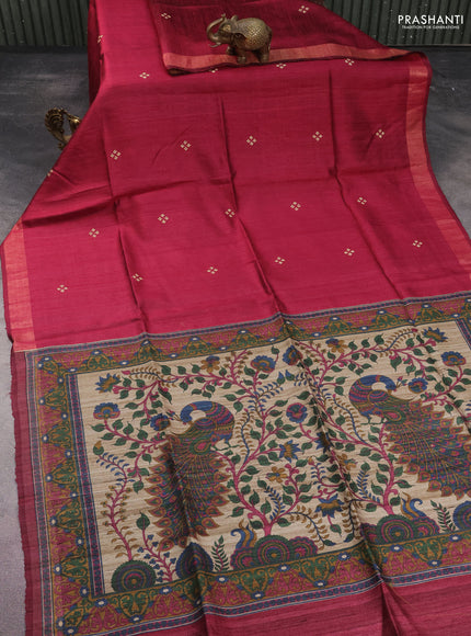 Pure dupion silk saree dark pink and beige with thread woven buttas and kalamkari printed pallu