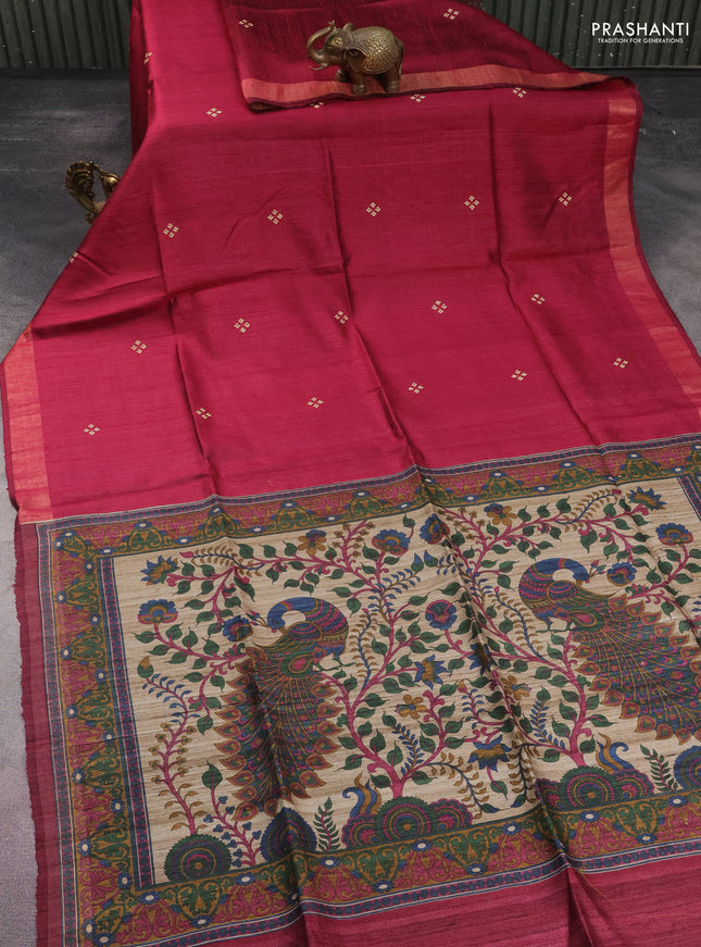 Pure dupion silk saree dark pink and beige with thread woven buttas and kalamkari printed pallu