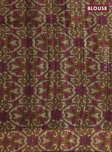 Pure dupion silk saree dark pink and beige with thread woven buttas and kalamkari printed pallu