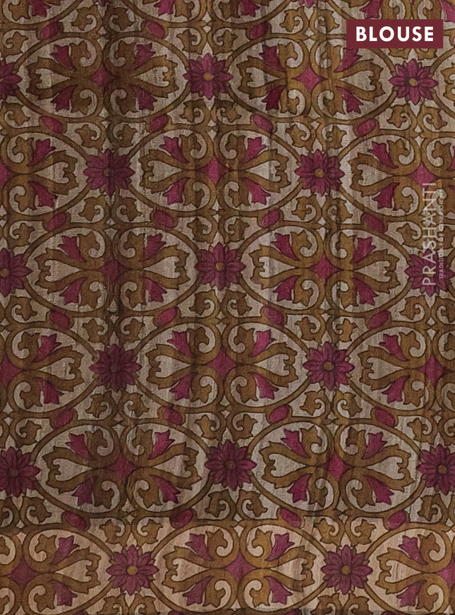 Pure dupion silk saree dark pink and beige with thread woven buttas and kalamkari printed pallu