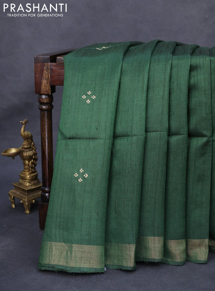 Pure dupion silk saree green and beige with thread woven buttas and kalamkari printed pallu