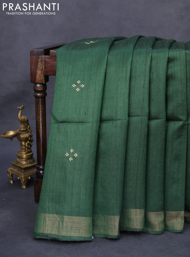 Pure dupion silk saree green and beige with thread woven buttas and kalamkari printed pallu