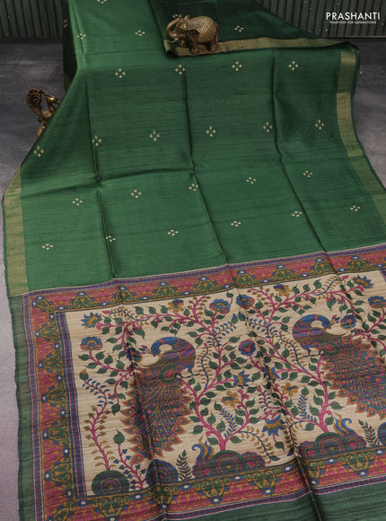 Pure dupion silk saree green and beige with thread woven buttas and kalamkari printed pallu