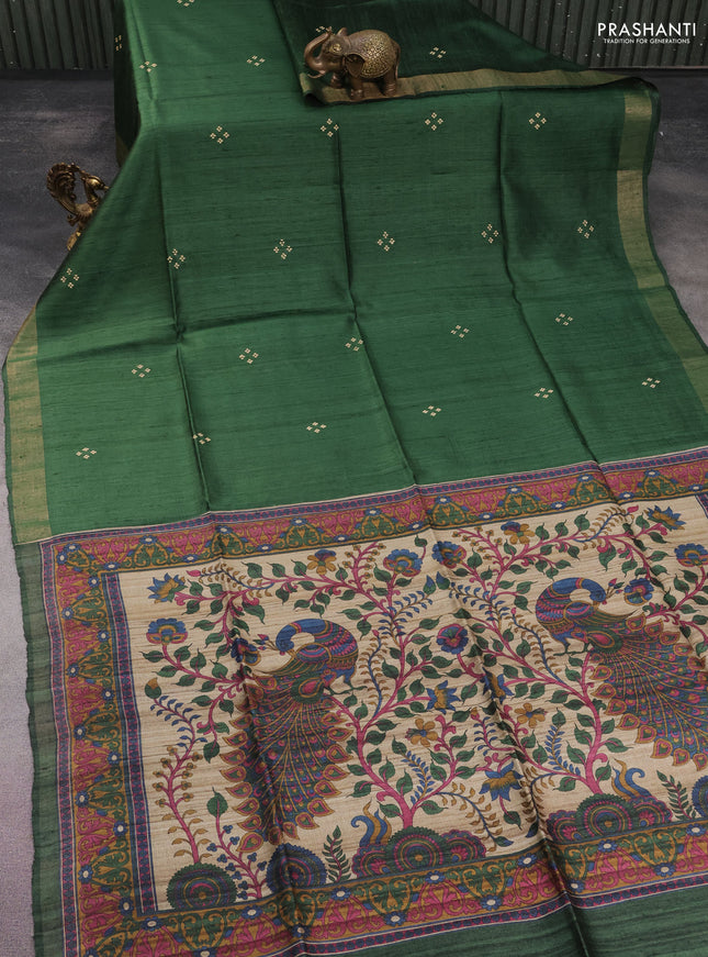 Pure dupion silk saree green and beige with thread woven buttas and kalamkari printed pallu