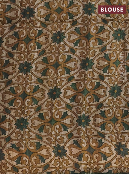 Pure dupion silk saree green and beige with thread woven buttas and kalamkari printed pallu