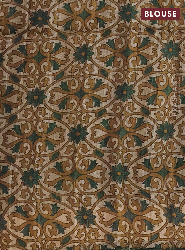 Pure dupion silk saree green and beige with thread woven buttas and kalamkari printed pallu