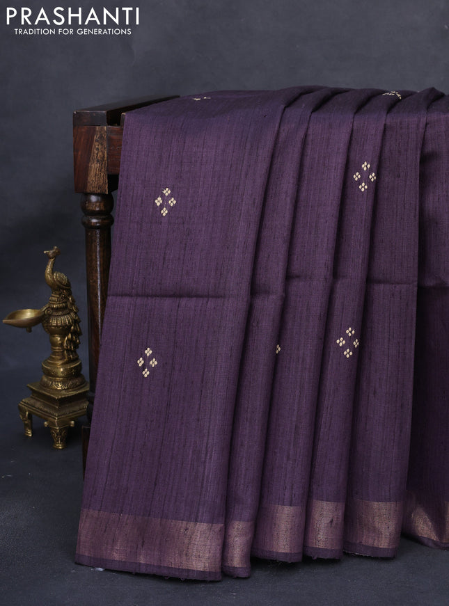 Pure dupion silk saree wine shade and beige with thread woven buttas and kalamkari printed pallu