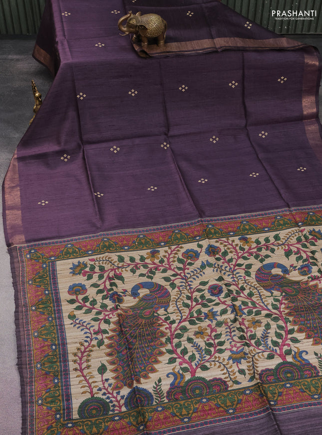 Pure dupion silk saree wine shade and beige with thread woven buttas and kalamkari printed pallu